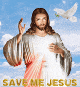 a painting of jesus with the words save me jesus written below him