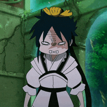 a cartoon character making a funny face with a yellow bow in his hair