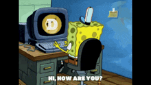 a cartoon of spongebob sitting at a desk in front of a computer with a doge coin on the screen