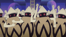 a group of cartoon characters are standing in front of a wall that has the word www on it