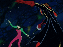 a cartoon character with a red cape and a skull and crossbones costume