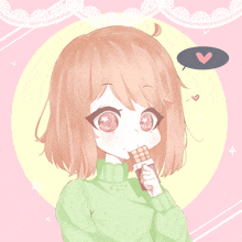 a drawing of a girl holding a chocolate bar with a heart in the background