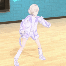 a girl in a purple jacket and white shorts is standing on a wood floor