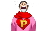 a man wearing a heart shaped shirt with the letter p on it