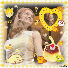 a picture of a woman with a heart shaped frame and a picture of a pudding with a question mark in the corner
