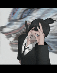 a drawing of a man smoking a cigarette in front of a monster