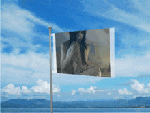 a flag with a picture of a woman on it is flying in the wind