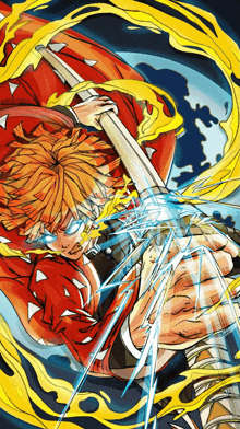 a drawing of a man holding a sword with a blue light coming out of his hand