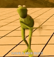 kermit the frog is standing on a checkered floor and says `` have a nice day '' .