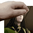 a hand is covering a woman 's face in a pixelated image .