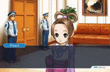 a video game shows a girl named pearl talking to two police officers