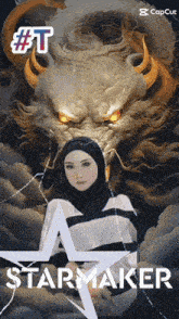 a woman in a hijab stands in front of a dragon with the words starmaker below her