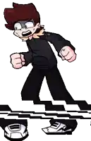 a pixel art drawing of a boy in a black shirt and black pants with his fist in the air .