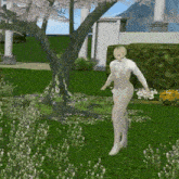 a man in a white tuxedo is walking in a garden with flowers .