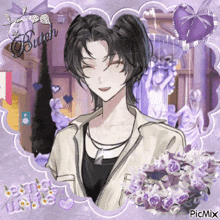 a picture of a man with purple flowers and the word butch written on it