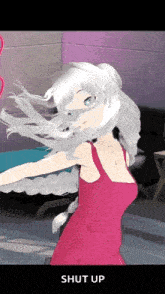 a girl in a red dress is dancing in a room with the words shut up above her