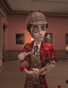 a cartoon character wearing a plaid hat and a red coat with roses on it
