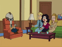 a group of cartoon characters are sitting around a table