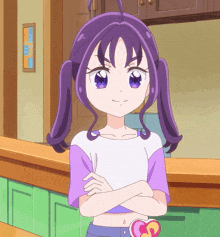 a girl with purple hair is standing with her arms crossed and a heart belt around her waist