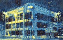 a blue and yellow drawing of a building with a sign that says ' coca cola '