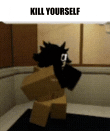 a cartoon character is standing in a room with the words kill yourself written on the bottom .