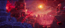 a computer generated image of a burning city with a red sky in the background