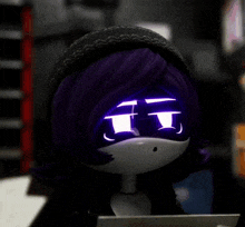 a cartoon character with purple hair and glowing eyes is wearing a black hat .