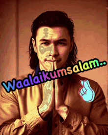 a man with his hands folded in front of a sign that says waalaikiumsalam