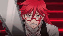 a man with red hair is holding a chainsaw