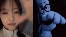 a close up of a woman 's face next to a close up of a puppet 's face .