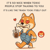 a cartoon of a dog holding a drink with a bone in its mouth