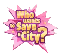a pink and gold logo for who wants to save a city