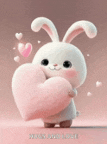a cute bunny is holding a pink heart in its hands .