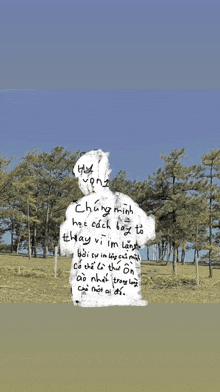 a silhouette of a person with trees in the background and a foreign language written on it