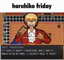 a video game scene with the words haruhiko friday on top
