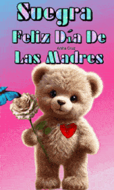 a teddy bear holding a rose with the words sugra feliz dia de las madres on the bottom