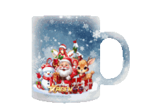 a christmas mug with santa reindeer and snowman and the word agen on it