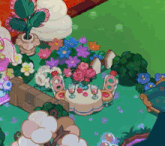 a cartoon illustration of a table with flowers and wine glasses on it .