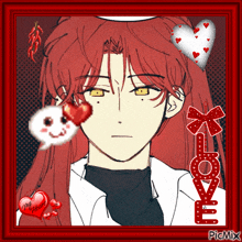 a picture of a red haired anime character with a heart and the word love