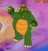 a green and orange cartoon character is standing on a purple background .