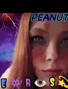 a close up of a woman 's face with the name peanut above her