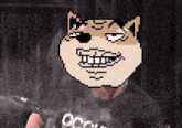 a man is holding a microphone in front of a pixelated doge face .