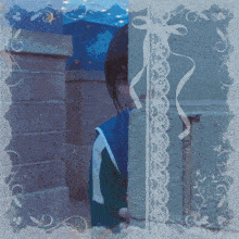 a picture of a person behind a brick wall with a lace frame
