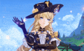 a girl with long blonde hair wearing a black hat and gloves