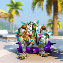 a video game character is sitting on a purple chair with a gun