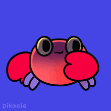a red crab with yellow eyes is on a blue background with the word pikaole
