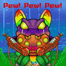 a cartoon drawing of a cat with the words pew pew pew written in red