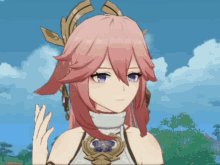 a girl with pink hair is wearing a white dress
