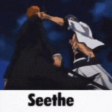 a cartoon of two men fighting with the words seethe on the bottom .