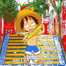 a cartoon character is standing on a set of stairs with a straw hat on
